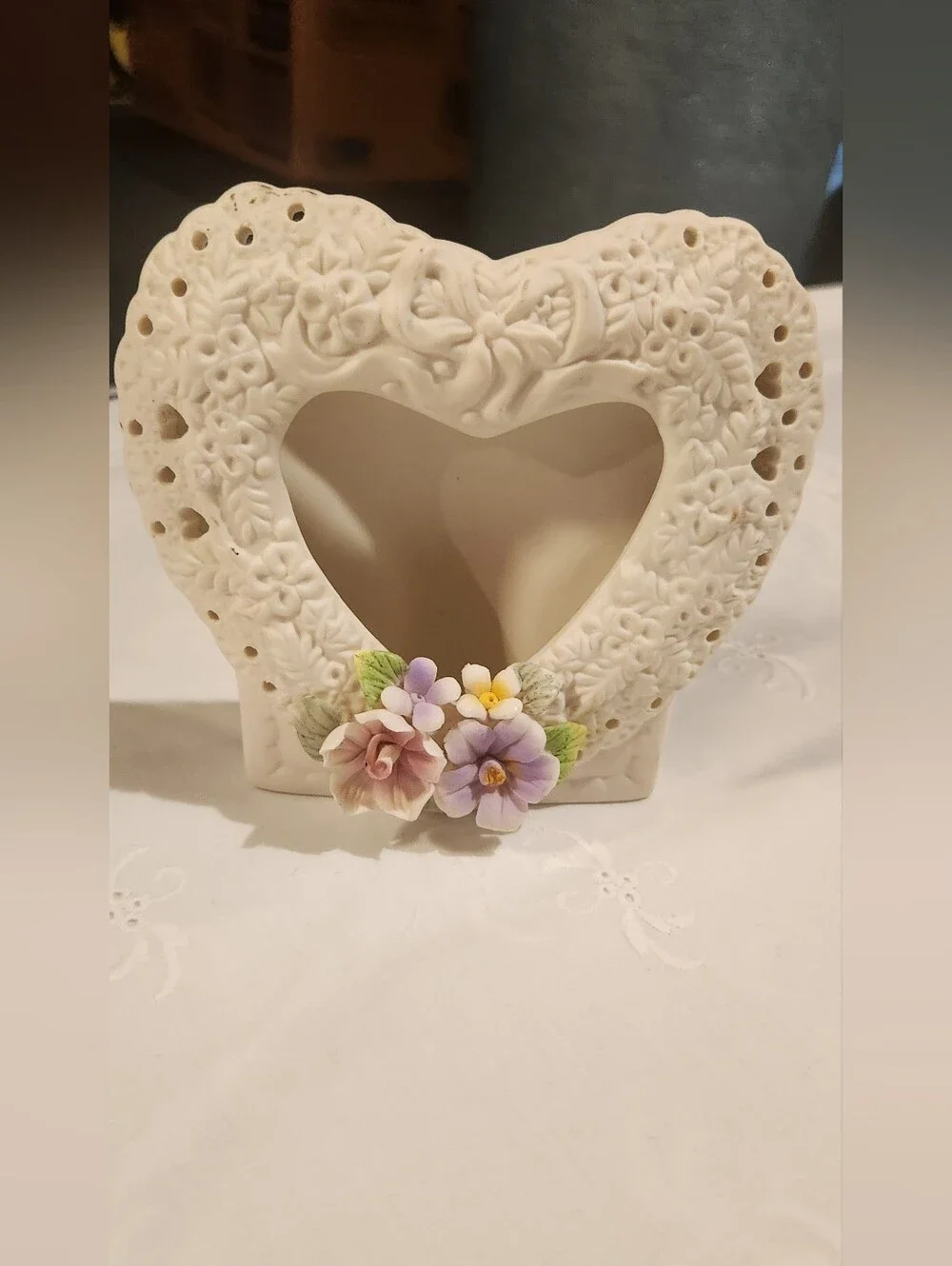 Vintage Porcelain Heart Shaped Ivory Picture Frame